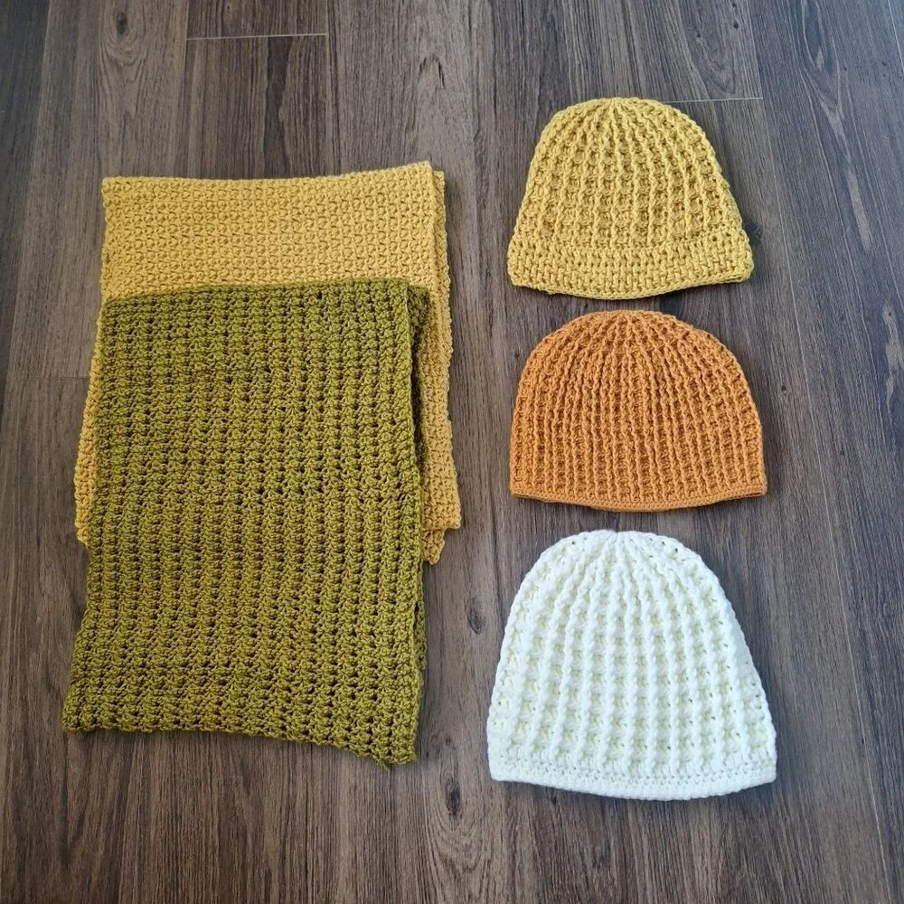 New Handknit Bundle - 2 Scarfs 3 Beanies Soft Warm Winter Fall Cottage Streetwea
